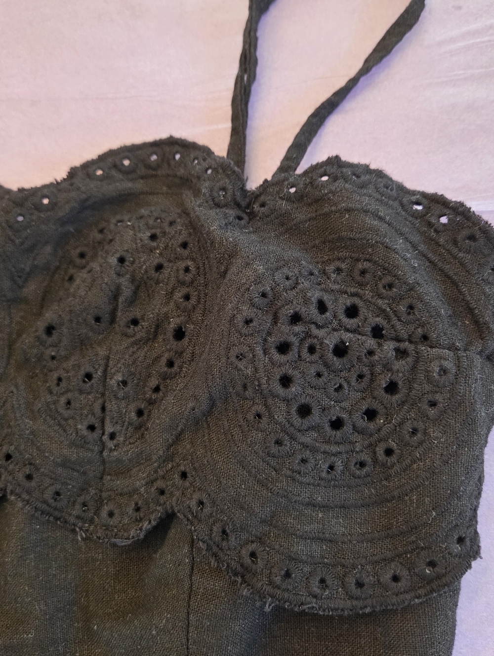 Sigrid Olsen Linen Crop Top Artisan Crafted Eyelet Scalloped Black L Smock Back - Picture 5 of 11